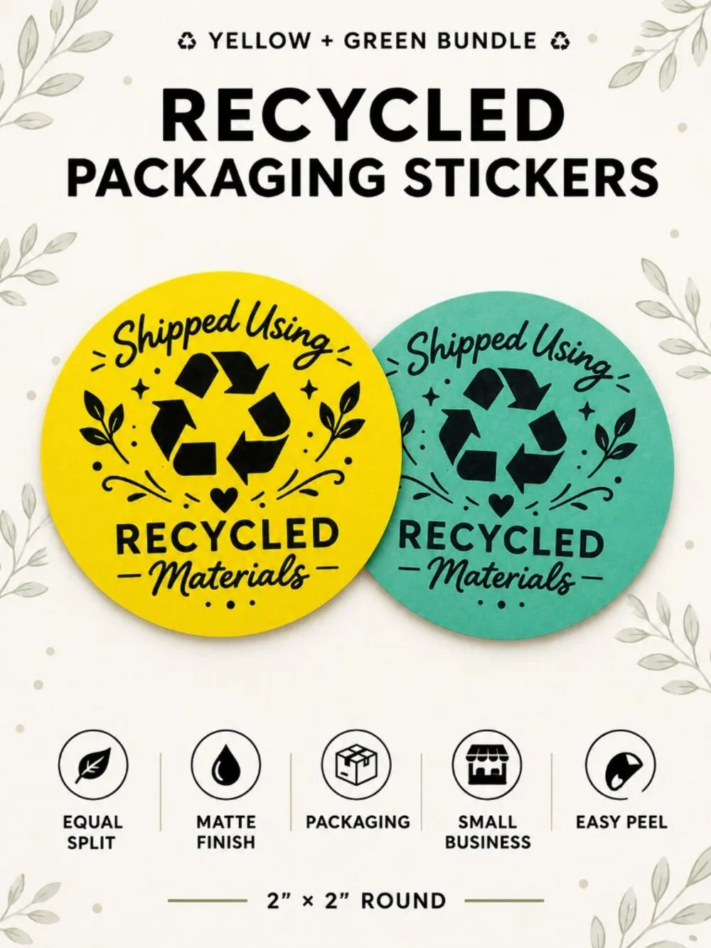 200 Recycled Packaging Stickers 2” Round Yellow Green Bundle
